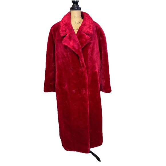 NWT VTG Red Faux Fur Long Line Full Length Duster Coat Mob Wife Glam Hollywood S - Picture 2 of 9